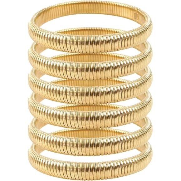 6 Pcs Gold Bangle Bracelets for Women, Chunky Stack Gold Plated Stretch - Picture 7 of 7